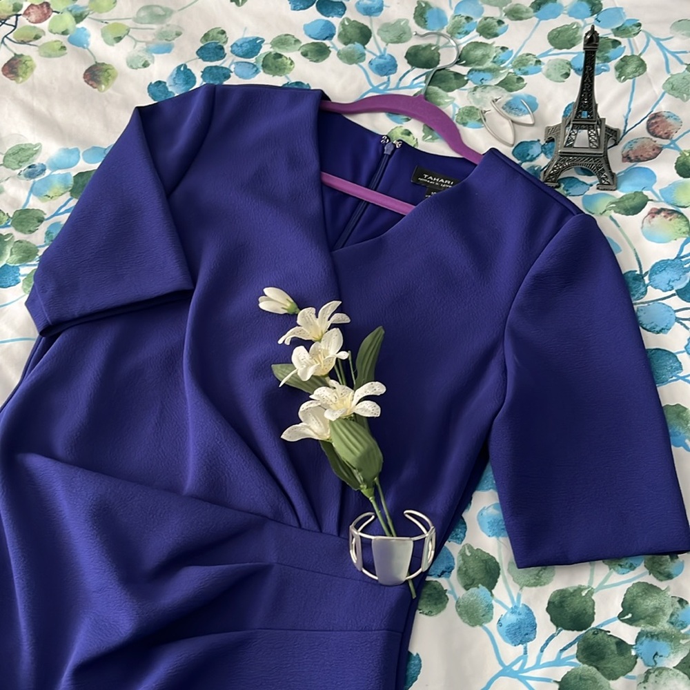 TAHARI ASL Elegant SS Blue Faux Wrap Dress - Womens 10